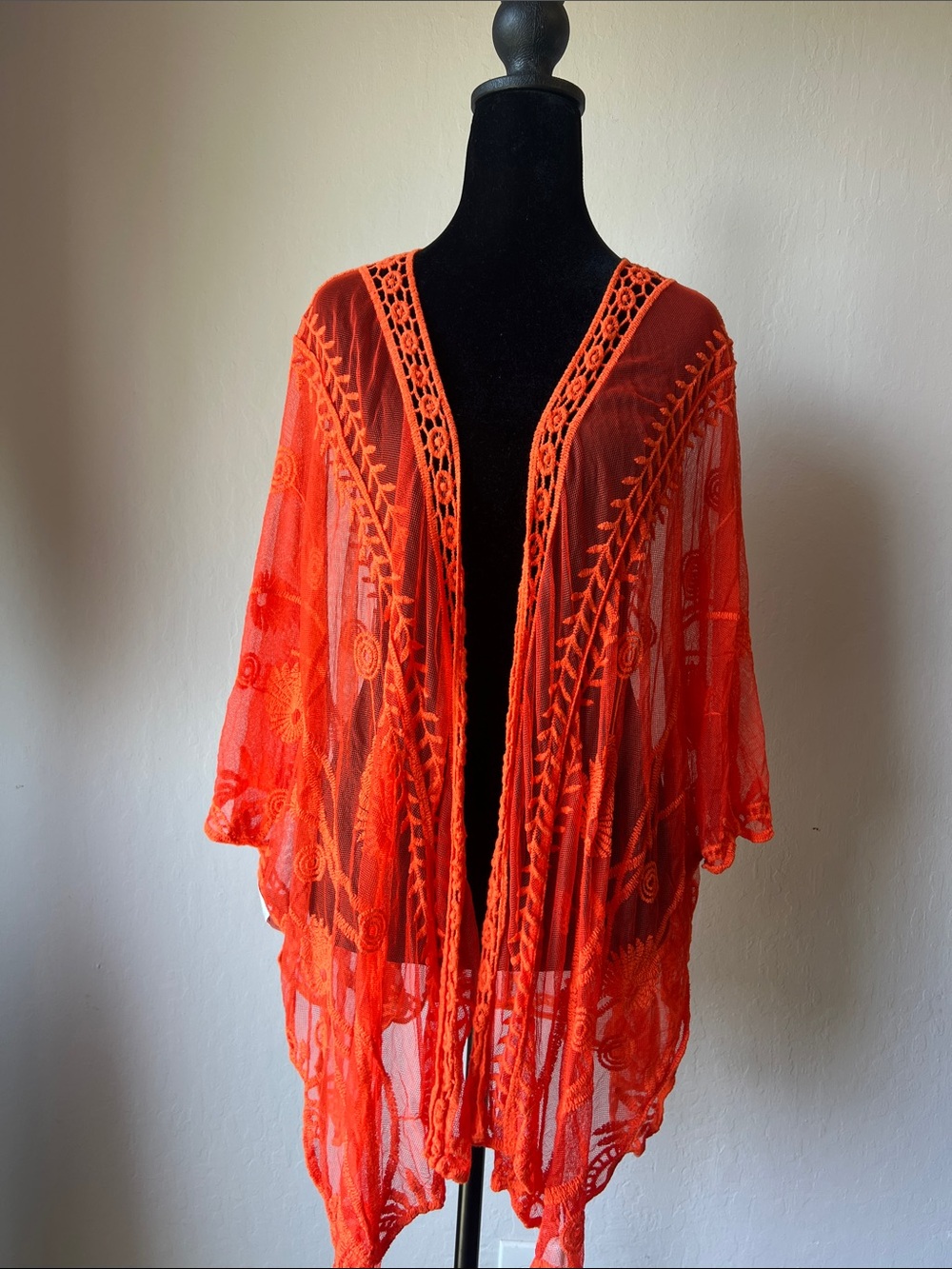 Embroidered Sheer Kimono in Bright Orange